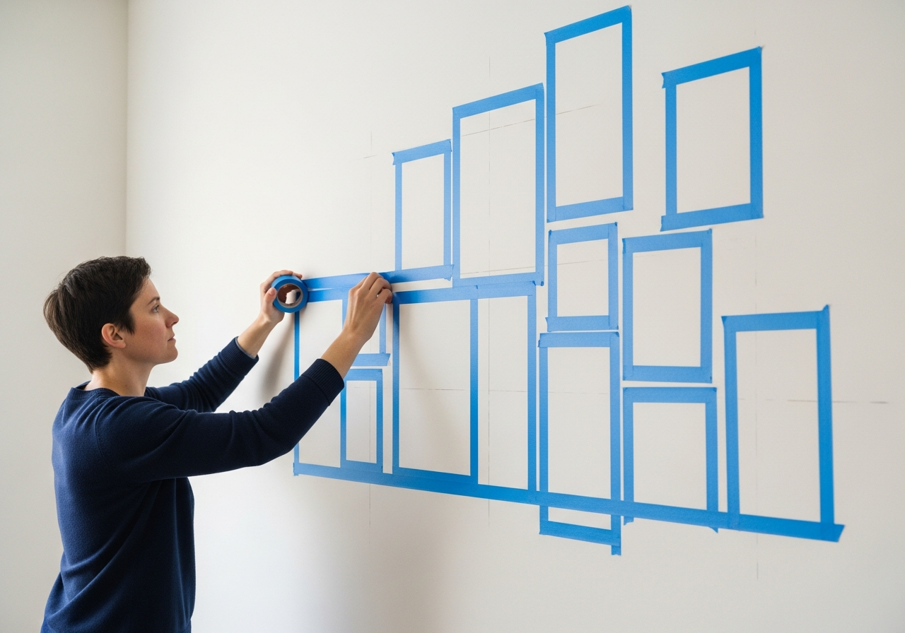 A person applying blue painter's tape outlines of frames onto a large, off-white wall.